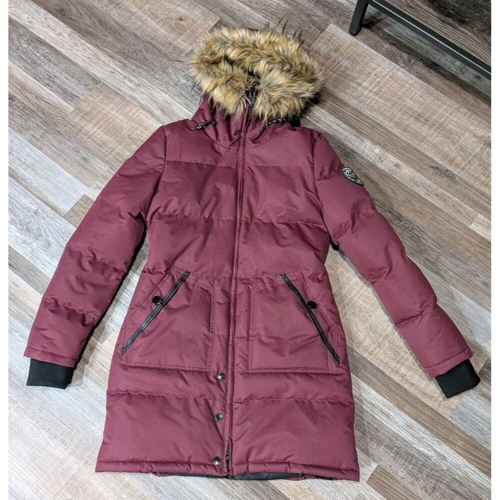 Noize 2024 DVSN Burgundy Puffer Parka Coat Faux Fur Hood Size M